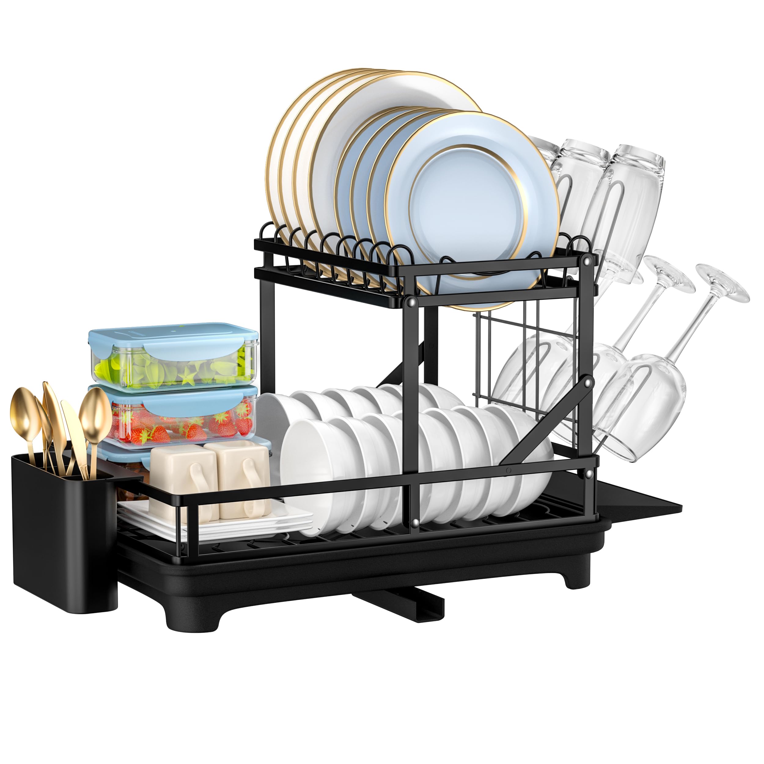 ITHSKUILL Dish Drying Rack, Stainless Steel Large Dish Racks for Kitchen Counter, 2 Tier Collapsible Dish Drainer with Drainboard, Kitchen Drying Rack with Utensils Holder, Cups Holder