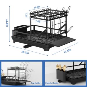 ITHSKUILL Dish Drying Rack, Stainless Steel Large Dish Racks for Kitchen Counter, 2 Tier Collapsible Dish Drainer with Drainboard, Kitchen Drying Rack with Utensils Holder, Cups Holder