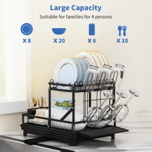 ITHSKUILL Dish Drying Rack, Stainless Steel Large Dish Racks for Kitchen Counter, 2 Tier Collapsible Dish Drainer with Drainboard, Kitchen Drying Rack with Utensils Holder, Cups Holder