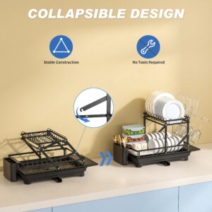 ITHSKUILL Dish Drying Rack, Stainless Steel Large Dish Racks for Kitchen Counter, 2 Tier Collapsible Dish Drainer with Drainboard, Kitchen Drying Rack with Utensils Holder, Cups Holder