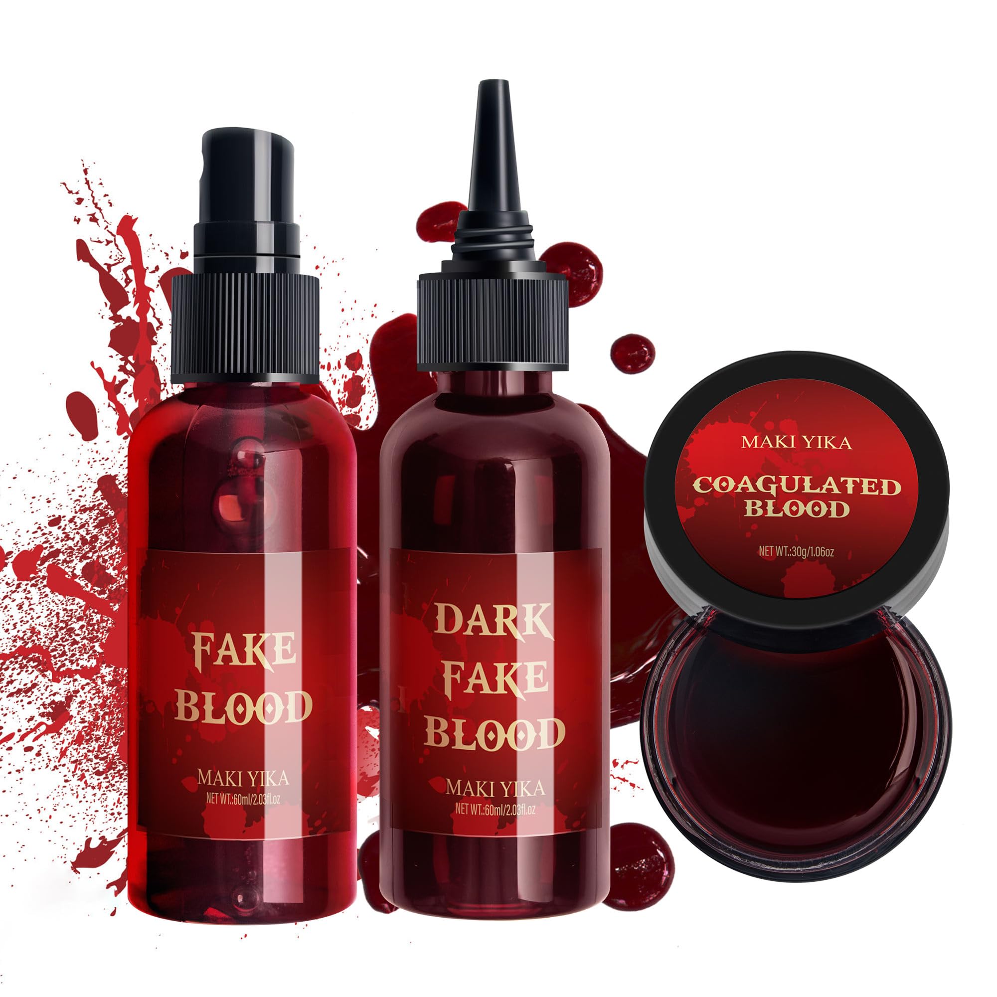 3Pcs Halloween Fake Blood Makeup Kit Realistic SFX Makeup Set - Blood Spray 2.03oz + Coagulated Blood 1.06oz + Dripping Blood 2.03oz, Edible Washable Special Effects Faux Blood for Zombie Vampire