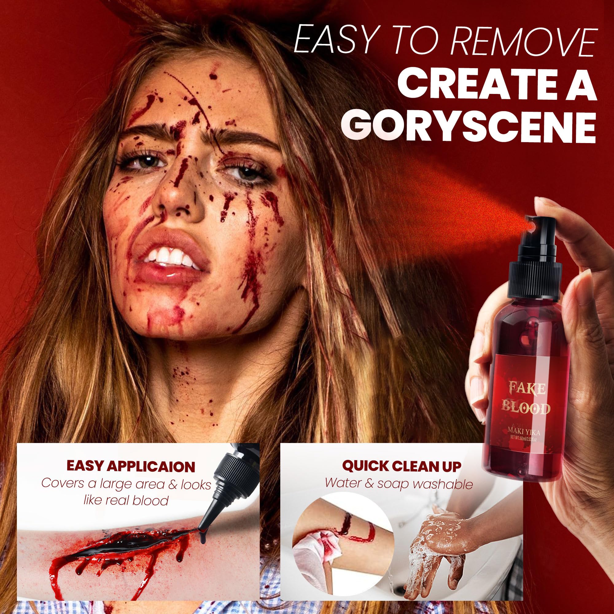 3Pcs Halloween Fake Blood Makeup Kit Realistic SFX Makeup Set - Blood Spray 2.03oz + Coagulated Blood 1.06oz + Dripping Blood 2.03oz, Edible Washable Special Effects Faux Blood for Zombie Vampire