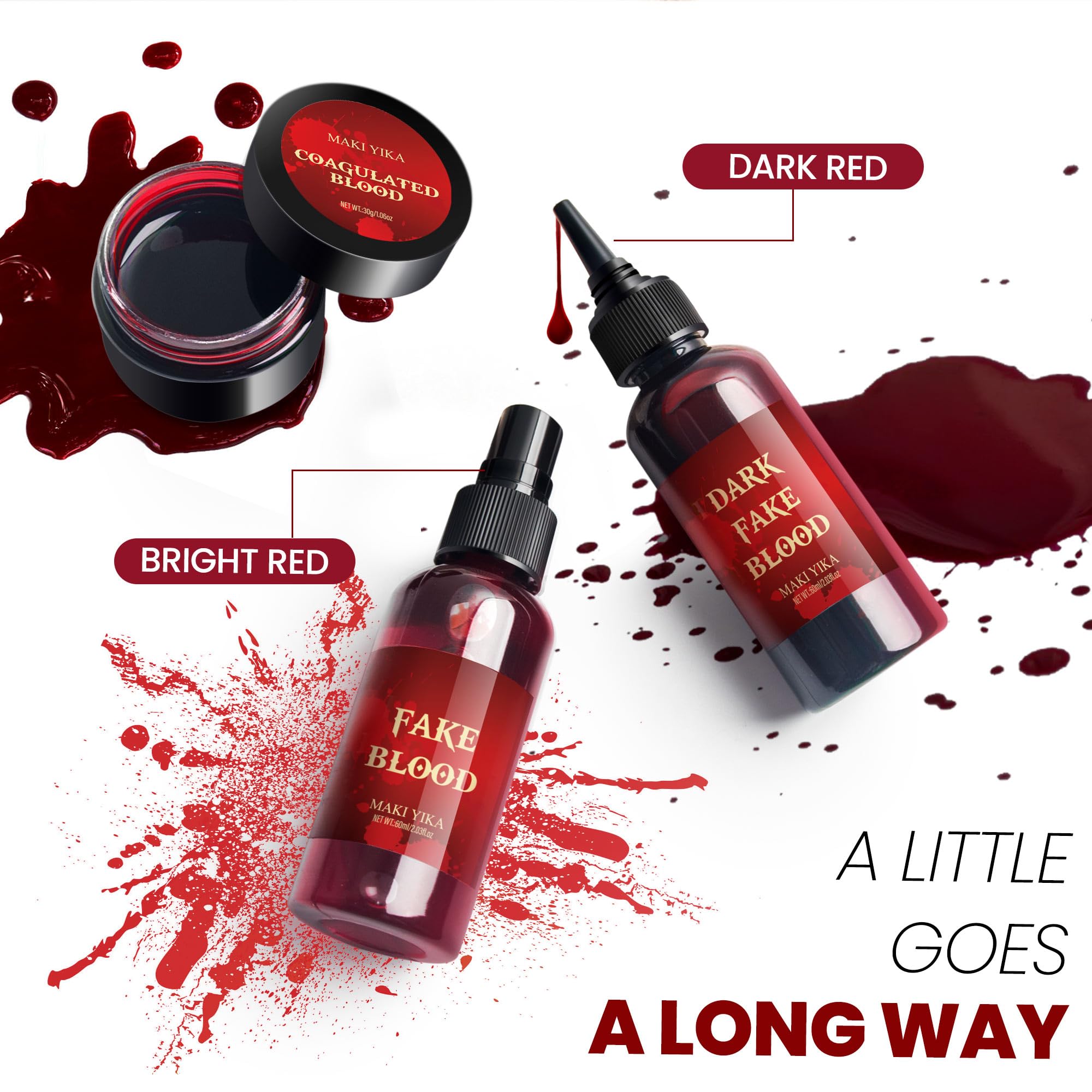 3Pcs Halloween Fake Blood Makeup Kit Realistic SFX Makeup Set - Blood Spray 2.03oz + Coagulated Blood 1.06oz + Dripping Blood 2.03oz, Edible Washable Special Effects Faux Blood for Zombie Vampire