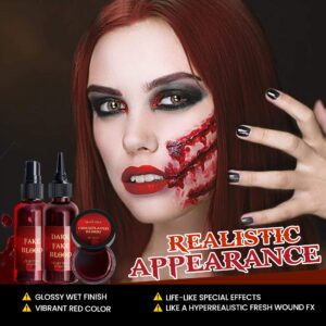 3Pcs Halloween Fake Blood Makeup Kit Realistic SFX Makeup Set - Blood Spray 2.03oz + Coagulated Blood 1.06oz + Dripping Blood 2.03oz, Edible Washable Special Effects Faux Blood for Zombie Vampire