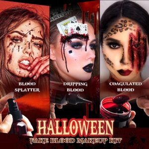 3Pcs Halloween Fake Blood Makeup Kit Realistic SFX Makeup Set - Blood Spray 2.03oz + Coagulated Blood 1.06oz + Dripping Blood 2.03oz, Edible Washable Special Effects Faux Blood for Zombie Vampire