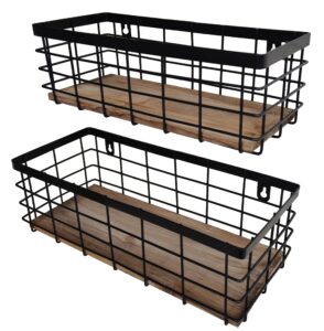 shabbydecor metal wire basket detachable wood base storage organizer farmhouse small bins for kitchen cabinets, bathroom, pantry, laundry room, closets set of 2,black color