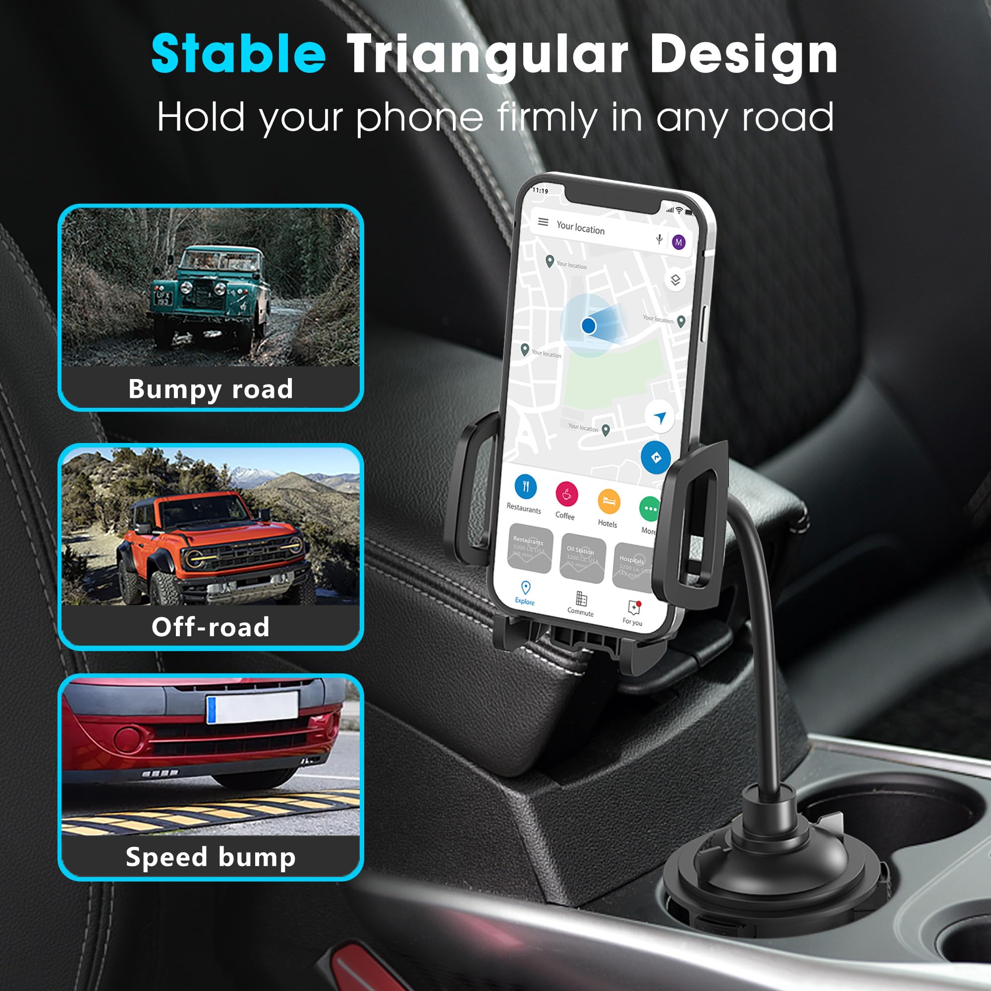 USBERG Cup Holder Mobile Phone Holder, Upgraded Universal Cup Holder, Adjustable, Expandable Base, Suitable for car Trucks, Compatible with iPhone, Samsung, Google, and All Phones