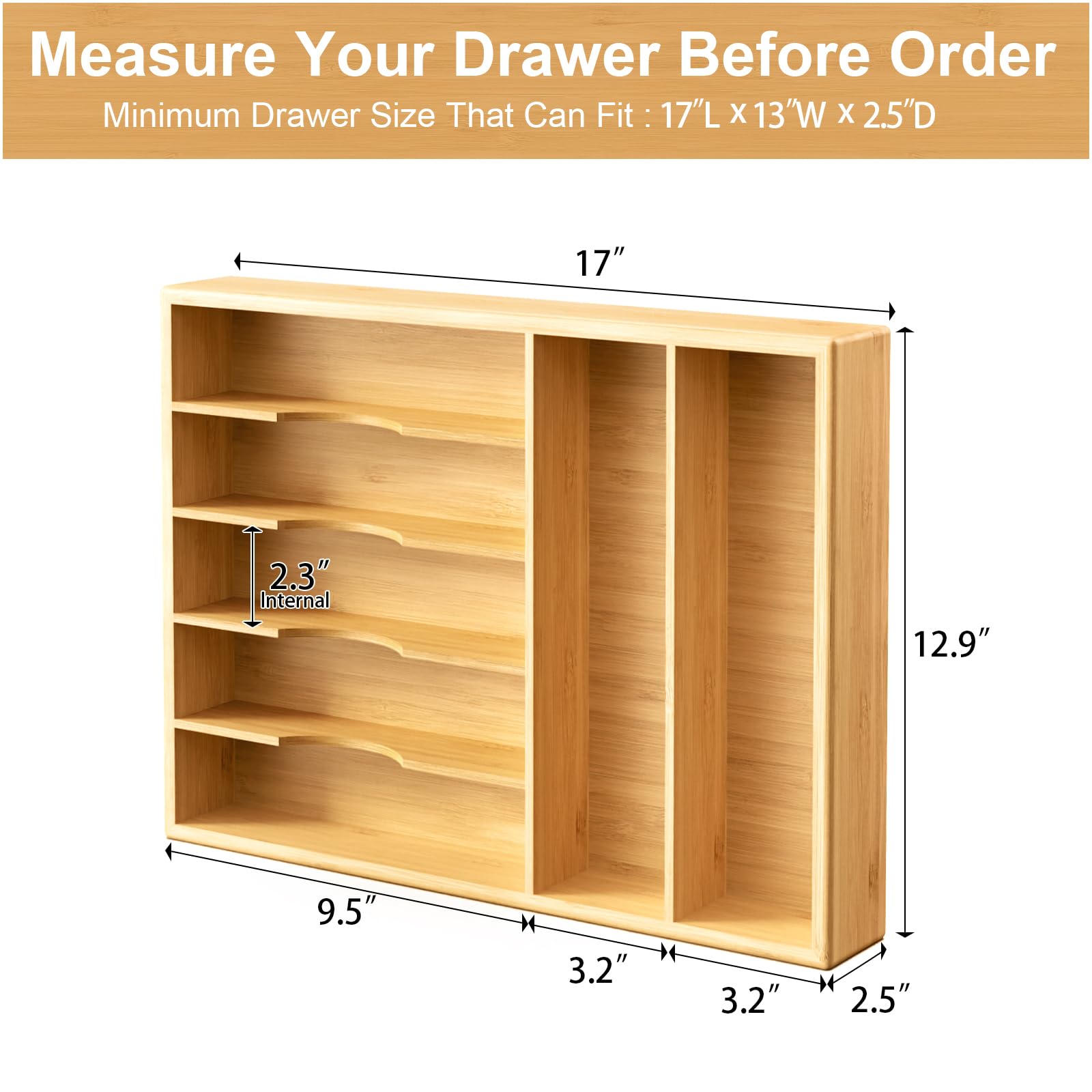 NIKUY Kitchen Bamboo Drawer Organizer - 13 Inch Silverware Utensil Tray Holder with Extra Deep Grooved Drawer Divider - 7 Slots Total Bamboo Wood Caddy for Flatware Cutlery Knives, Forks, Spoons