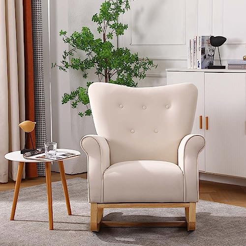 GIA Modern Nursery Rocking Chair Comfy Velvet Upholstered Glider Arm Rocker Padded Seat with High Backrest for Bedroom Living Room,Wooden Frame, Beige