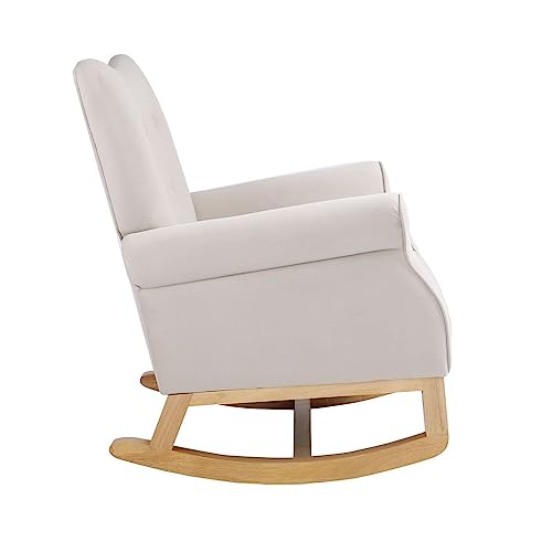 GIA Modern Nursery Rocking Chair Comfy Velvet Upholstered Glider Arm Rocker Padded Seat with High Backrest for Bedroom Living Room,Wooden Frame, Beige