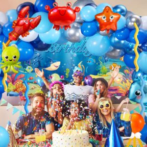 Capoda 143 Pcs Sea Party Supplies Birthday Backdrop Ocean Animal Balloons Ocean Theme Birthday Party Decorations Ocean Balloons Background Banner for Ocean Beach Underwater Birthday Decor