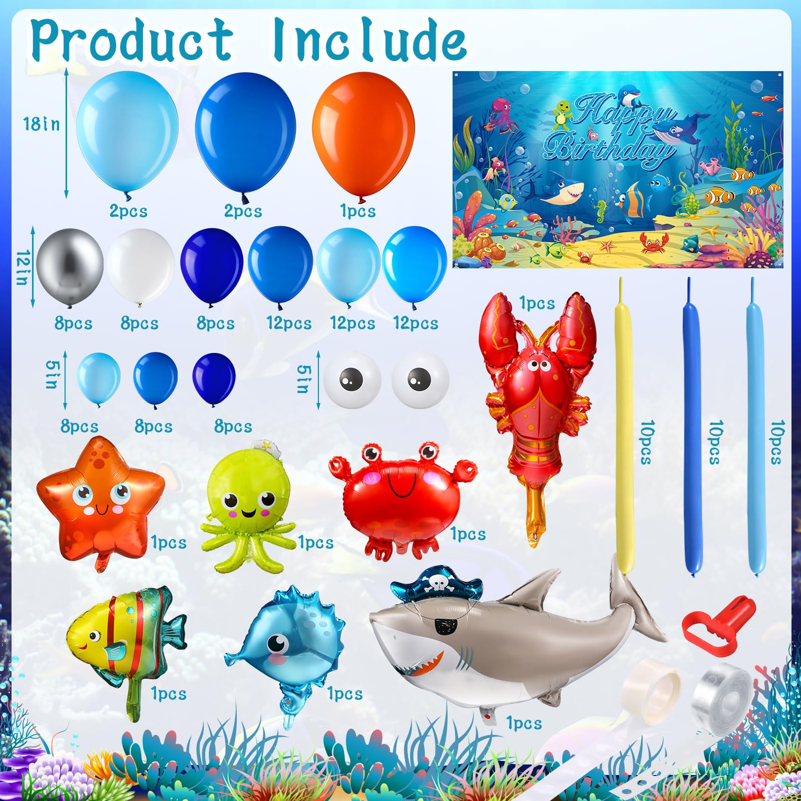 Capoda 143 Pcs Sea Party Supplies Birthday Backdrop Ocean Animal Balloons Ocean Theme Birthday Party Decorations Ocean Balloons Background Banner for Ocean Beach Underwater Birthday Decor