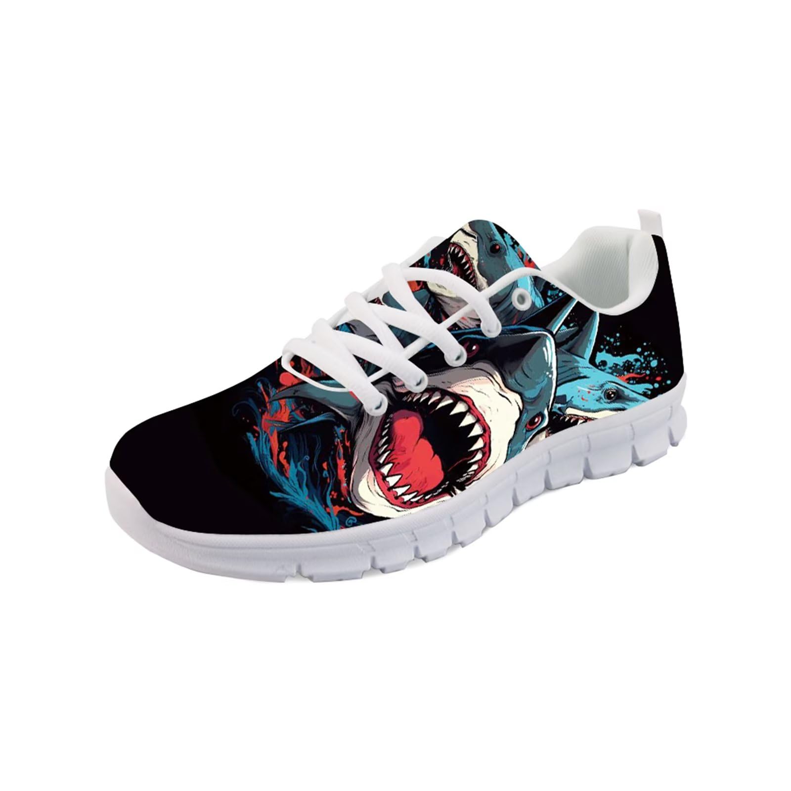 Forchrinse Shark Print Women’s Men’s Running Shoes Cool Animal Print Walking Tennis Shoes Soft Lace up Sport Sneakers Breathable