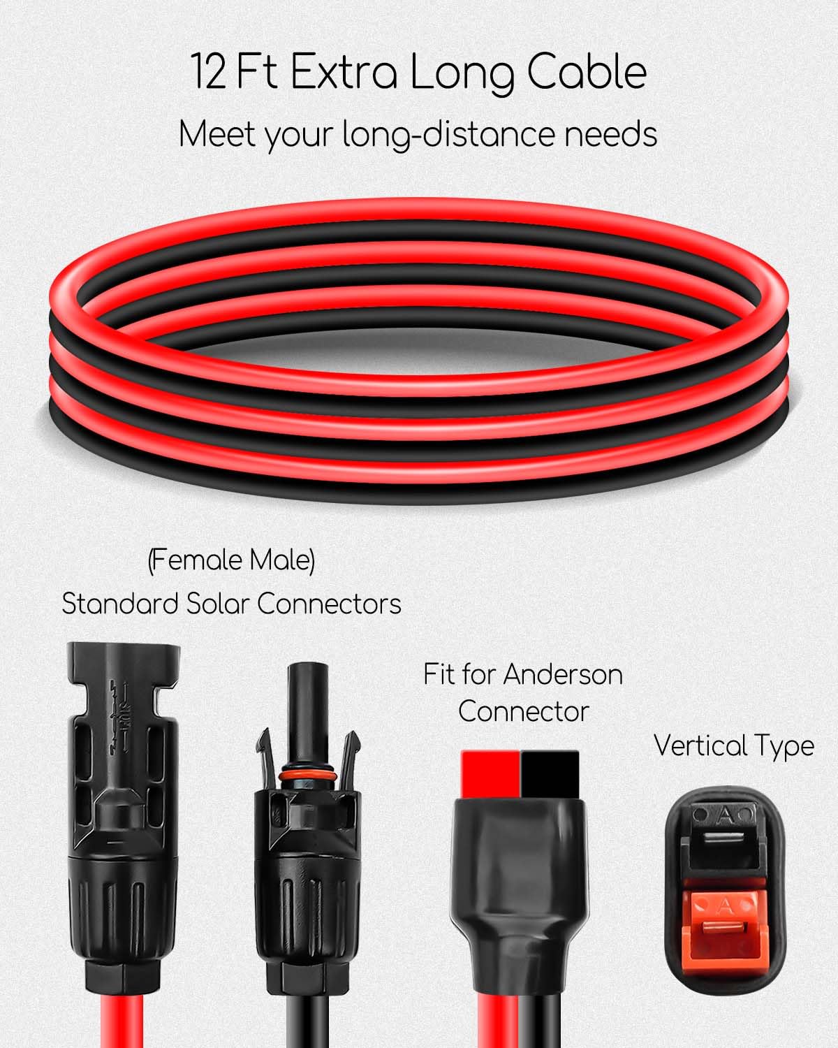 12Ft Solar Panel Charge Cable Fit for Anderson Adapter and Solar Connectors, 10AWG Charge Extension Cable for Portable Power Stations Solar Generators (Vertical Head)