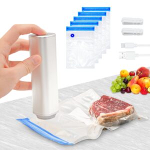 electric vacuum sealer machine，mini handheld vacuum sealer，with 5 reusable zipper vacuum bags and 2 cooking clips for food storage and sous vide cooking