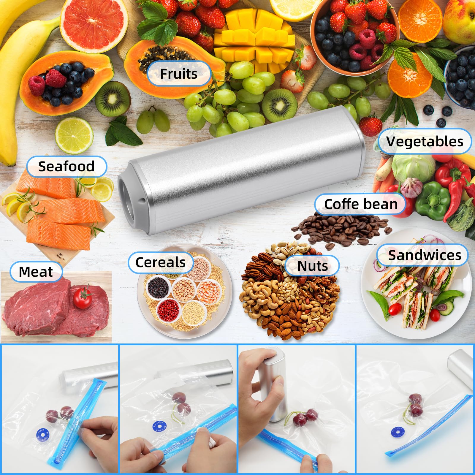 Electric Vacuum Sealer Machine，Mini Handheld Vacuum Sealer，with 5 Reusable Zipper Vacuum Bags and 2 Cooking Clips for Food Storage and Sous Vide Cooking