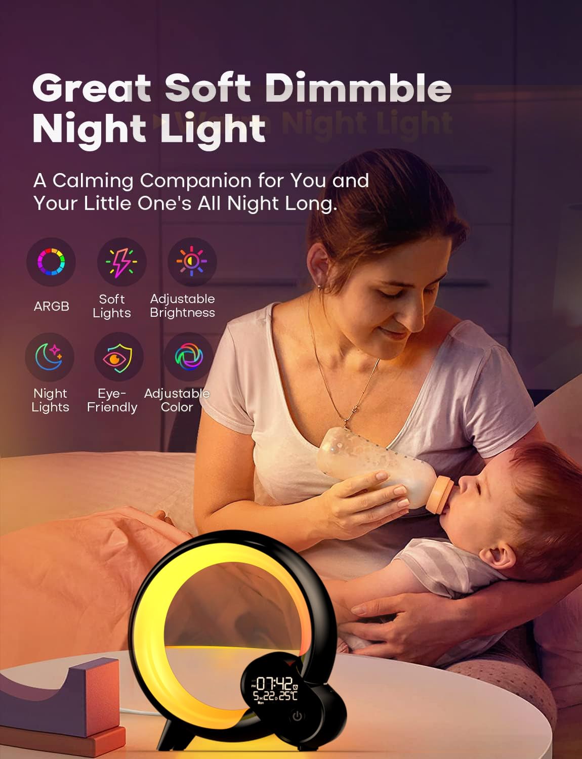 Smart Night Light for Kids,Wake Up Light Sunrise Alarm Clock,Ambient Light & Sleep Assistant 15 Soothing Sounds Baby Night Light,App,Bluetooth Speaker,Bedside Lamp,Timer,Remote Control,Ideal for GIF