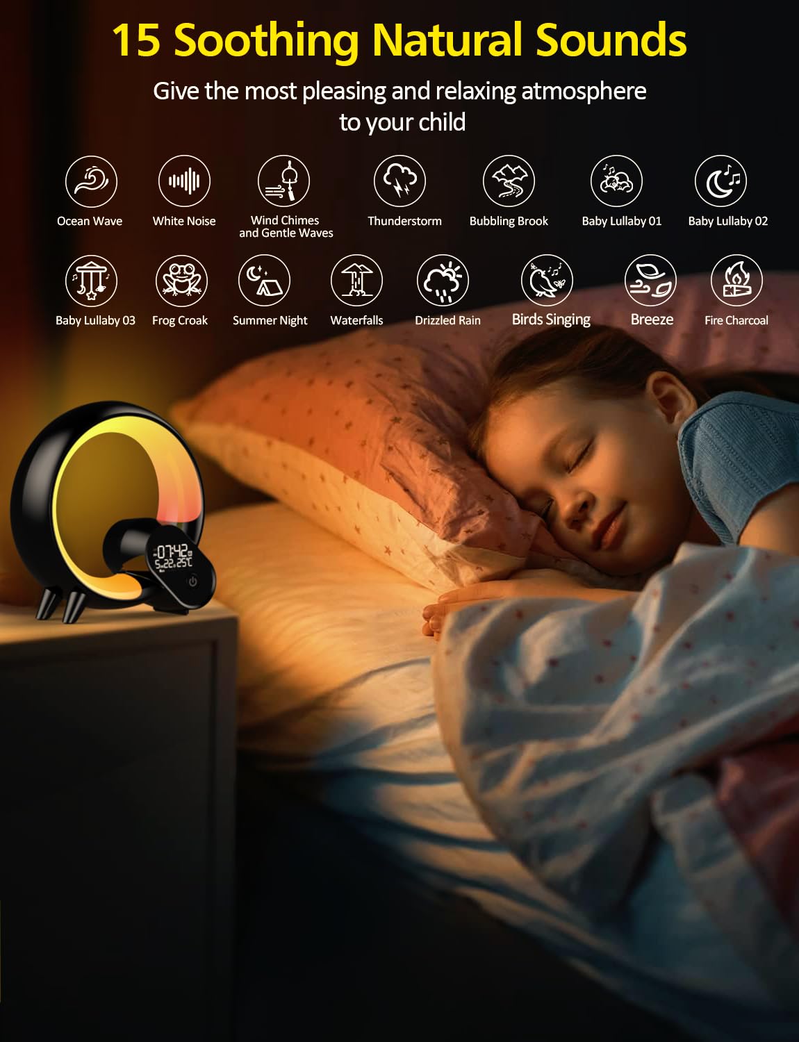 Smart Night Light for Kids,Wake Up Light Sunrise Alarm Clock,Ambient Light & Sleep Assistant 15 Soothing Sounds Baby Night Light,App,Bluetooth Speaker,Bedside Lamp,Timer,Remote Control,Ideal for GIF