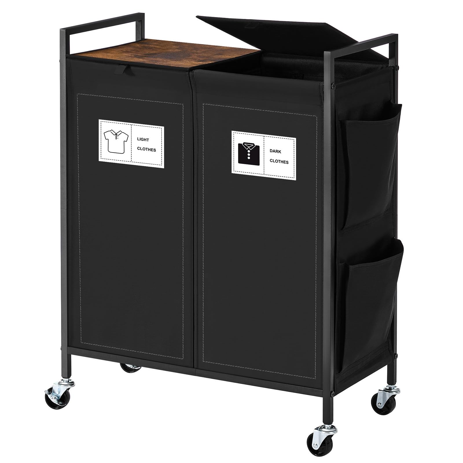 Double Laundry Hamper with Wheels and Lid; Laundry Basket with Removable Liner Bag; 2 x 15 Gallons (114L) Clothes Hamper with Top Shelf; Laundry Sorter with Side Pocket (Black)