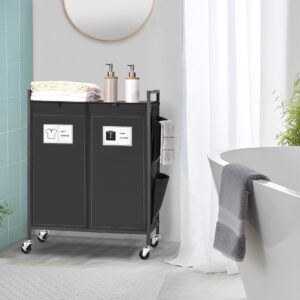 Double Laundry Hamper with Wheels and Lid; Laundry Basket with Removable Liner Bag; 2 x 15 Gallons (114L) Clothes Hamper with Top Shelf; Laundry Sorter with Side Pocket (Black)