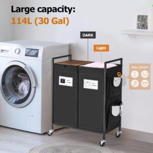 Double Laundry Hamper with Wheels and Lid; Laundry Basket with Removable Liner Bag; 2 x 15 Gallons (114L) Clothes Hamper with Top Shelf; Laundry Sorter with Side Pocket (Black)