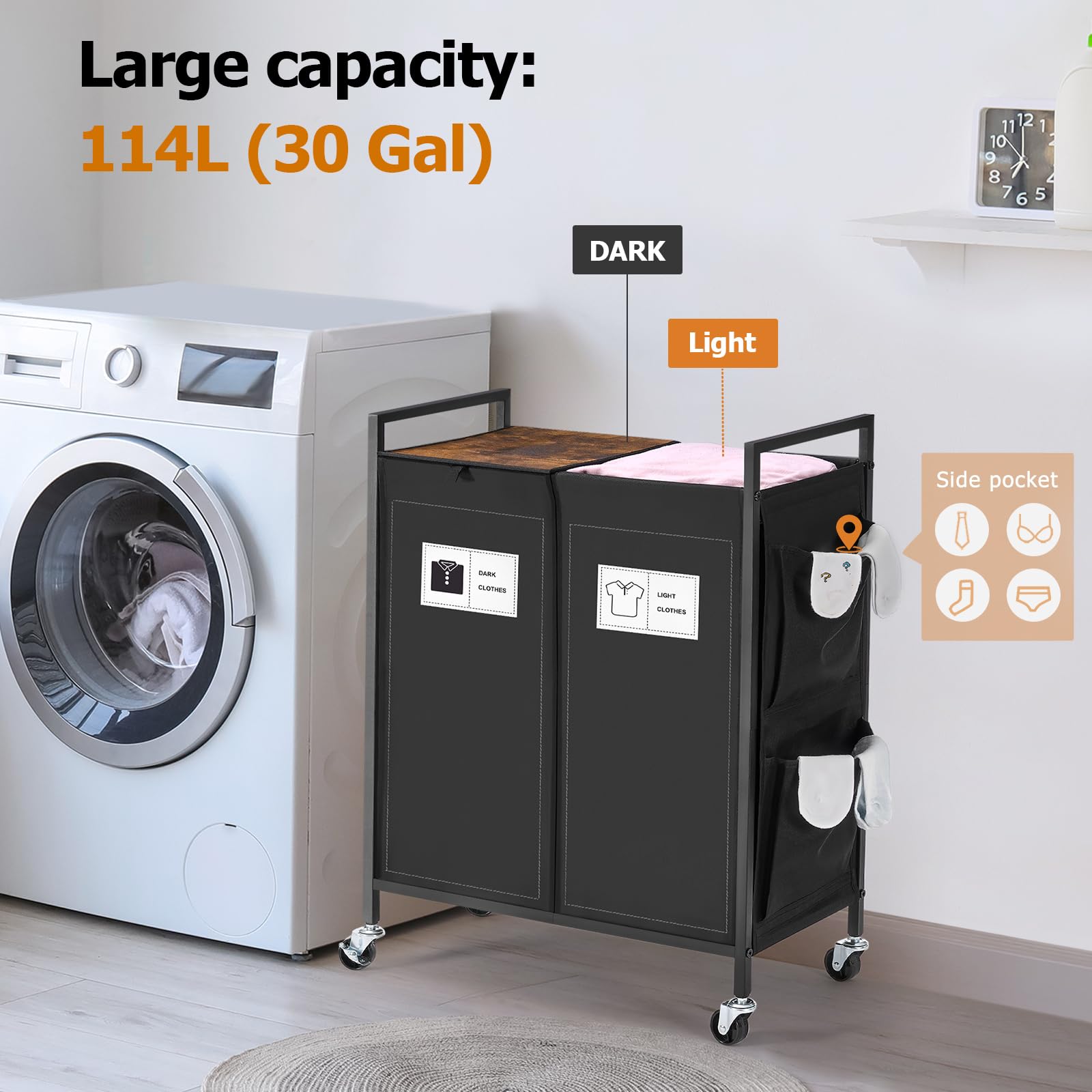 Double Laundry Hamper with Wheels and Lid; Laundry Basket with Removable Liner Bag; 2 x 15 Gallons (114L) Clothes Hamper with Top Shelf; Laundry Sorter with Side Pocket (Black)