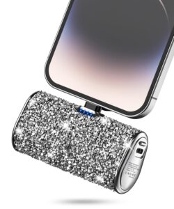 bling small portable charger, power bank, 6800mah ultra compact cute shining battery pack 5v3.1a fast charger built-in ios connector and flashlight for iphone 14 series to iphone 5 series(silver)