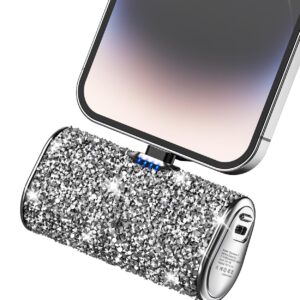 Bling Small Portable Charger, Power Bank, 6800mAh Ultra Compact Cute Shining Battery Pack 5V3.1A Fast Charger Built-in iOS Connector and Flashlight for iPhone 14 Series to iPhone 5 Series(Silver)