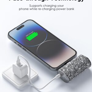 Bling Small Portable Charger, Power Bank, 6800mAh Ultra Compact Cute Shining Battery Pack 5V3.1A Fast Charger Built-in iOS Connector and Flashlight for iPhone 14 Series to iPhone 5 Series(Silver)