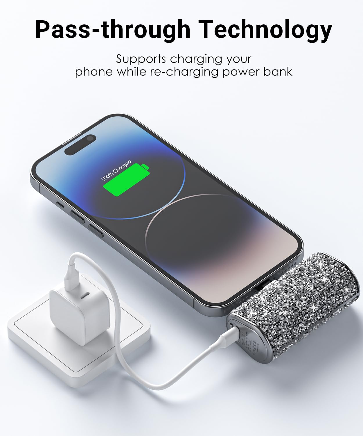 Bling Small Portable Charger, Power Bank, 6800mAh Ultra Compact Cute Shining Battery Pack 5V3.1A Fast Charger Built-in iOS Connector and Flashlight for iPhone 14 Series to iPhone 5 Series(Silver)