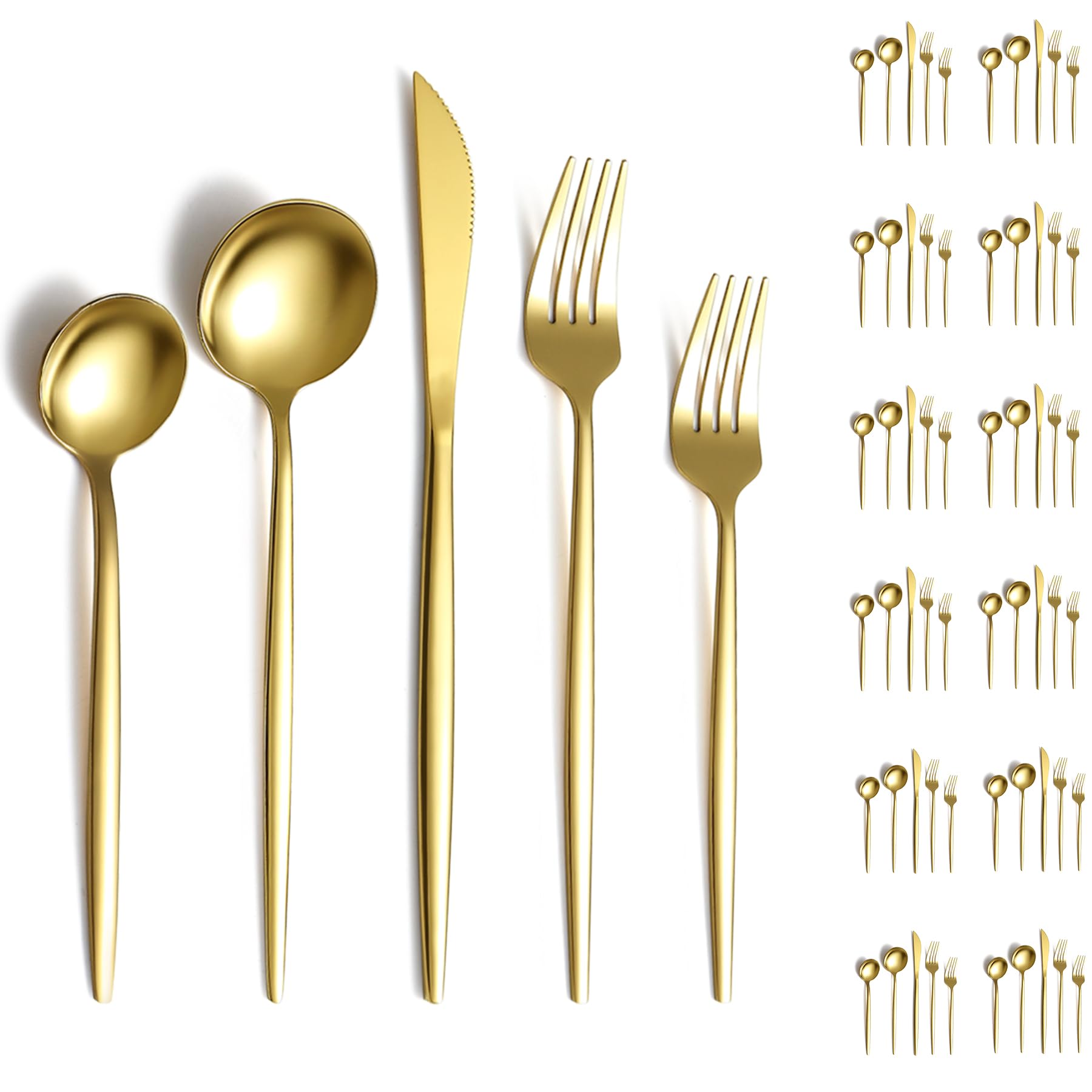 Evanda Gold Silverware Set 60 Piece Service for 12, Titanium Gold Plated Stainless Steel Flatware Set, Knives Forks Spoons Cutlery Set for Wedding, Parties, Birthday, Restauroom, Dishwasher Safe