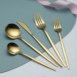 Evanda Gold Silverware Set 60 Piece Service for 12, Titanium Gold Plated Stainless Steel Flatware Set, Knives Forks Spoons Cutlery Set for Wedding, Parties, Birthday, Restauroom, Dishwasher Safe