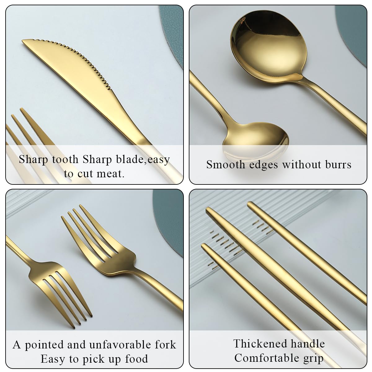 Evanda Gold Silverware Set 60 Piece Service for 12, Titanium Gold Plated Stainless Steel Flatware Set, Knives Forks Spoons Cutlery Set for Wedding, Parties, Birthday, Restauroom, Dishwasher Safe