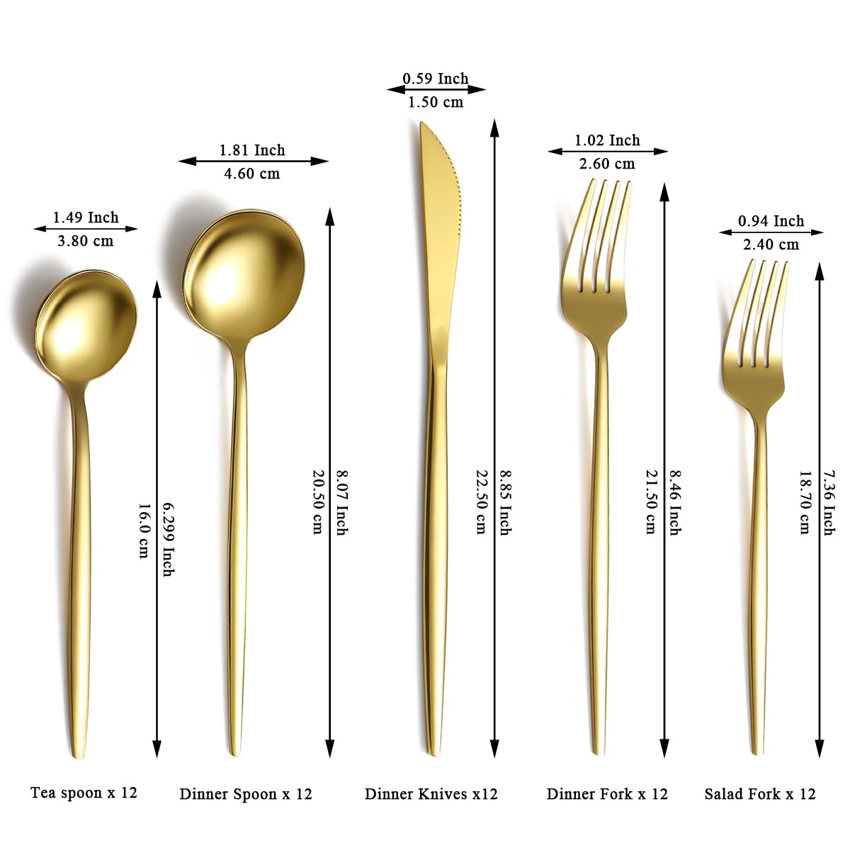 Evanda Gold Silverware Set 60 Piece Service for 12, Titanium Gold Plated Stainless Steel Flatware Set, Knives Forks Spoons Cutlery Set for Wedding, Parties, Birthday, Restauroom, Dishwasher Safe