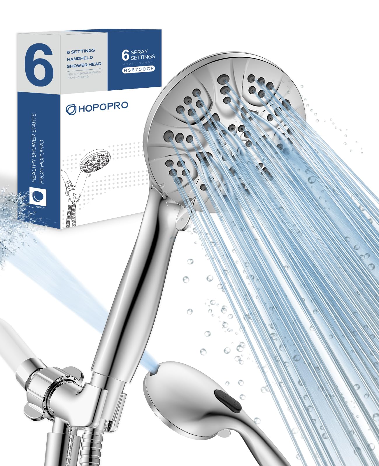 HOPOPRO High Pressure Shower Head with Handheld 7 Spray Settings Detachable Shower Head Built-in Power Spray to Clean Corner Tub and Pets, Extra Long Stainless Steel Hose & Adjustable Bracket