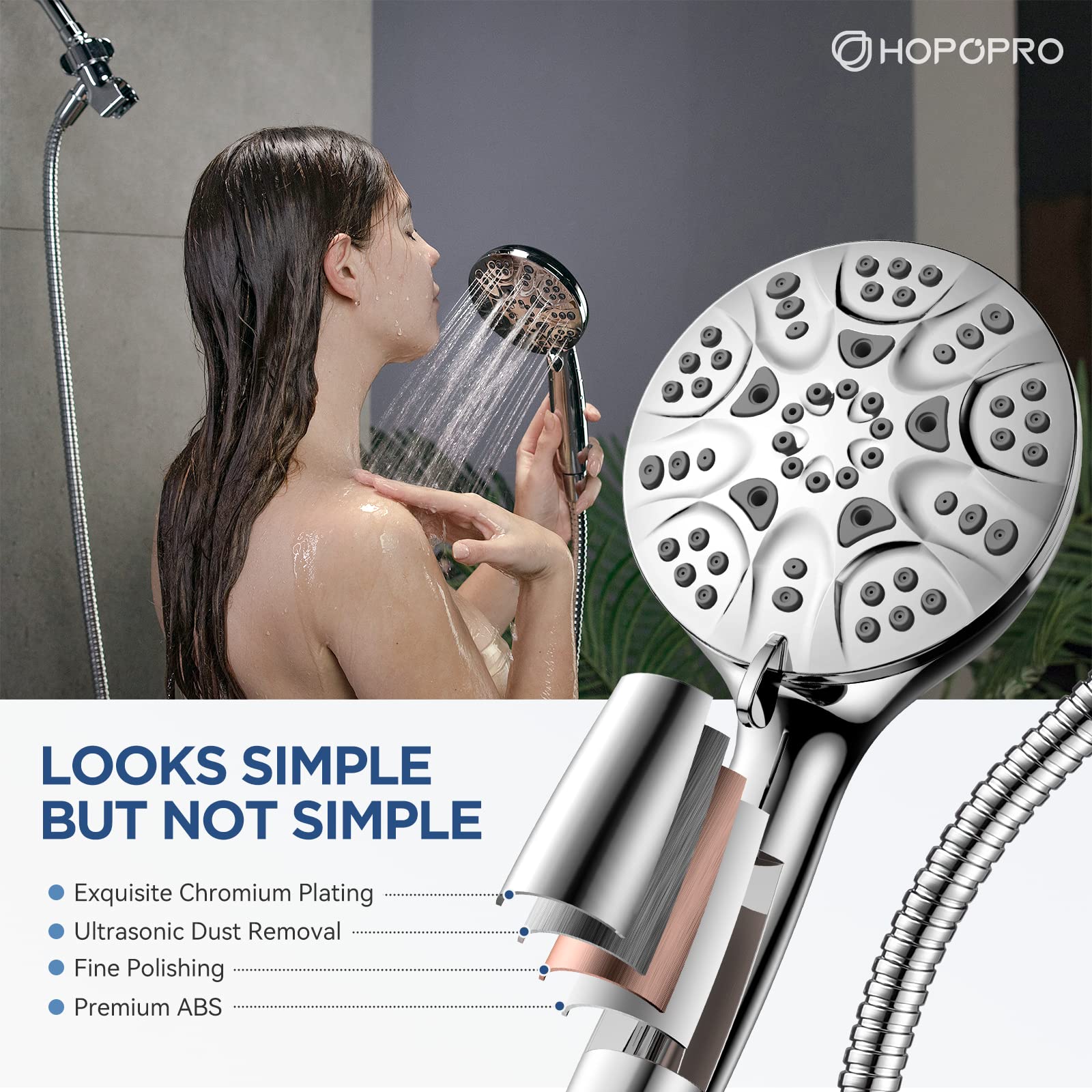 HOPOPRO High Pressure Shower Head with Handheld 7 Spray Settings Detachable Shower Head Built-in Power Spray to Clean Corner Tub and Pets, Extra Long Stainless Steel Hose & Adjustable Bracket