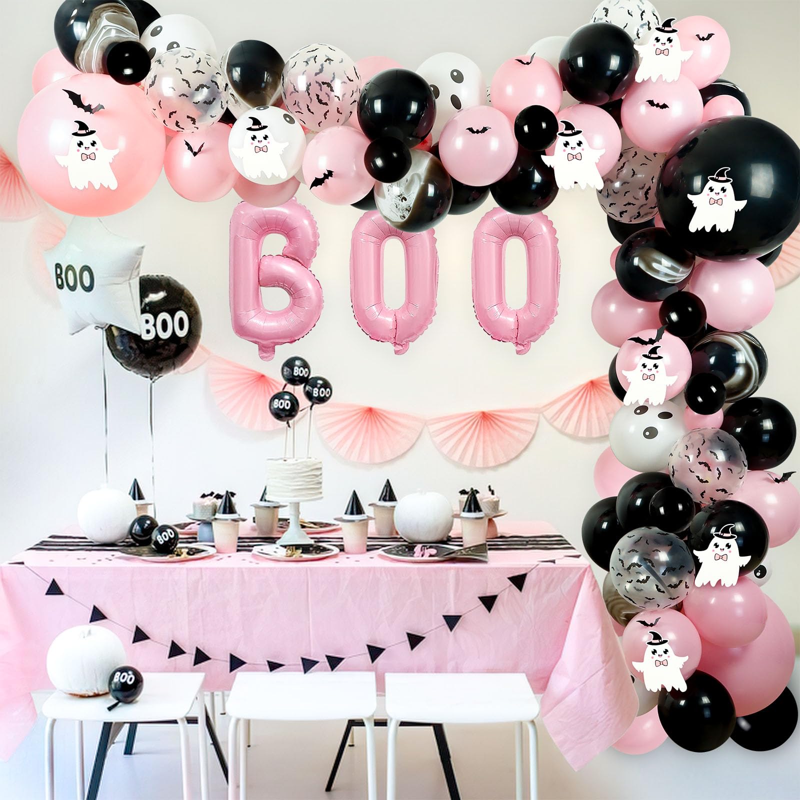 Halloween Balloon Arch Garland Kit, 122Pcs Pink Black Halloween Balloons Decorations with Ghost-pattern Cards for Halloween Themed Baby Shower Decorations Halloween Day Party Decorations