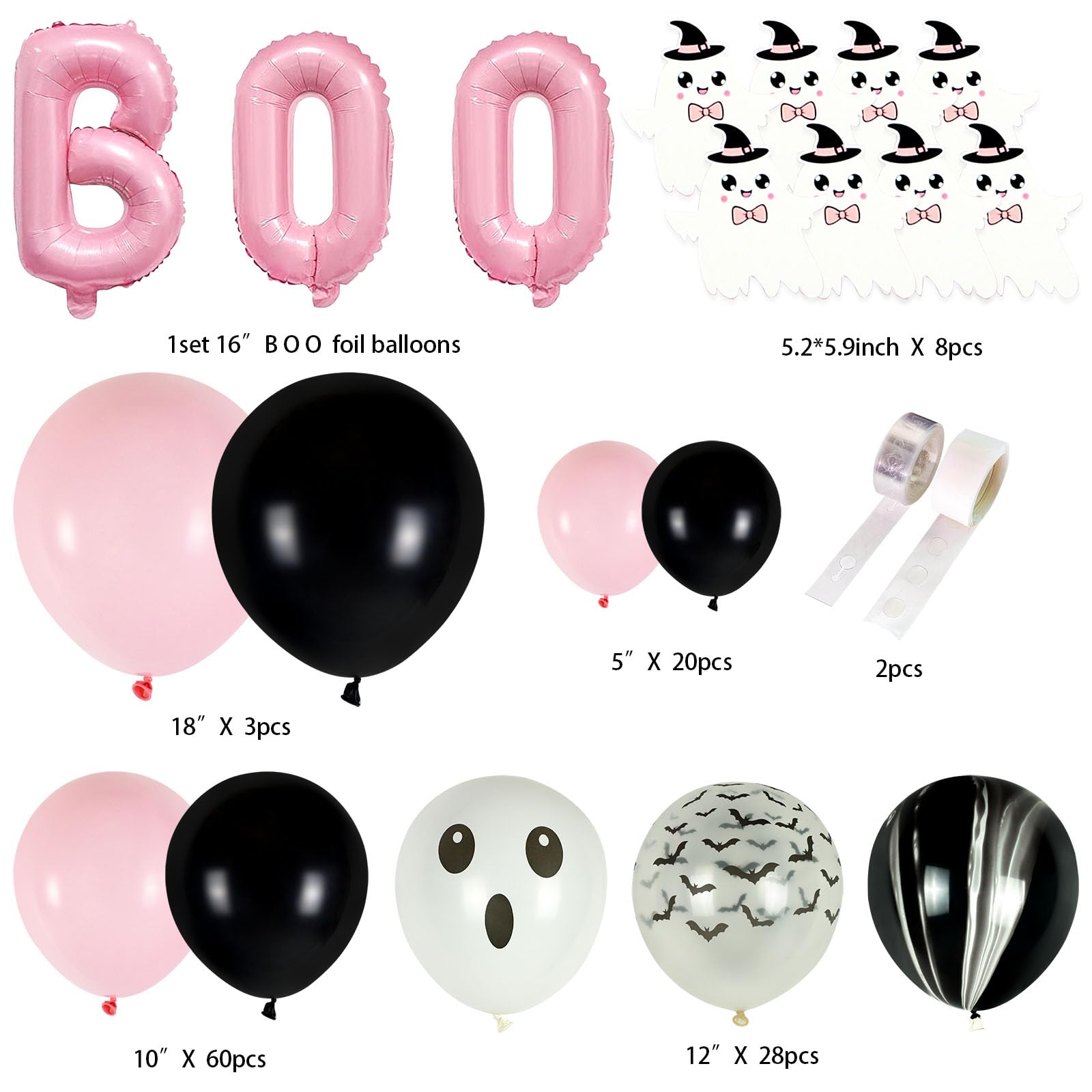 Halloween Balloon Arch Garland Kit, 122Pcs Pink Black Halloween Balloons Decorations with Ghost-pattern Cards for Halloween Themed Baby Shower Decorations Halloween Day Party Decorations