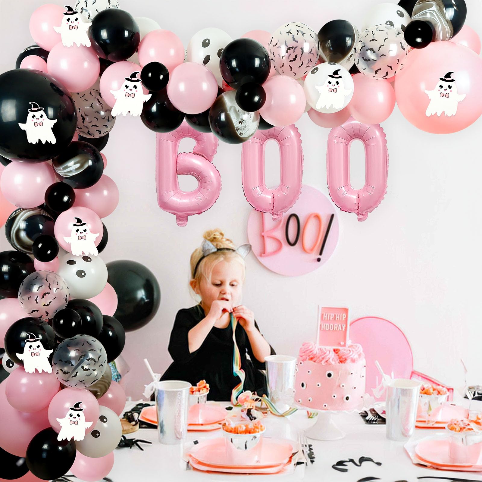 Halloween Balloon Arch Garland Kit, 122Pcs Pink Black Halloween Balloons Decorations with Ghost-pattern Cards for Halloween Themed Baby Shower Decorations Halloween Day Party Decorations