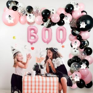 Halloween Balloon Arch Garland Kit, 122Pcs Pink Black Halloween Balloons Decorations with Ghost-pattern Cards for Halloween Themed Baby Shower Decorations Halloween Day Party Decorations
