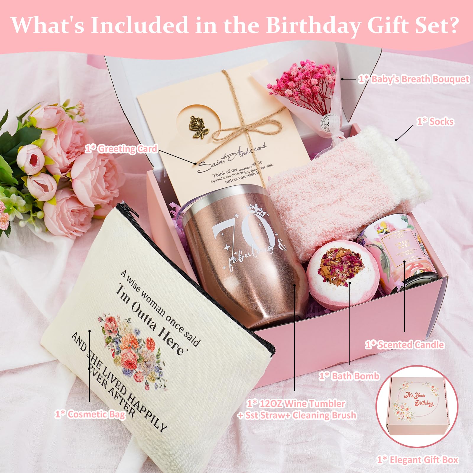 Birthday Gifts for Women, 70th Fabulous Spa Gift Baskets Set for Mom Wife Grandma Best Friends Sister Her, Unique Thank You Gifts Bulk Birthday Decorations Idea Gifts for Women Who Have Everything