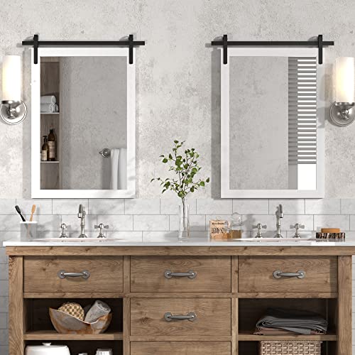 White Framed Bathroom Mirror, 24x36 Inch Wood Frame Vanity Mirror, Farmhouse Wall Mounted Rectangle Barn Door Dressing Mirrors (Lean/Vertical)