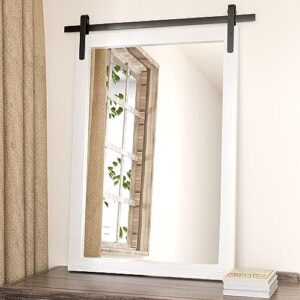 White Framed Bathroom Mirror, 24x36 Inch Wood Frame Vanity Mirror, Farmhouse Wall Mounted Rectangle Barn Door Dressing Mirrors (Lean/Vertical)