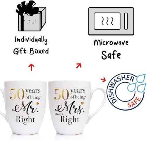 Dnuiyses 2 Pieces 50th Mr Right & Mrs Always Right Mug, 50 Years of Being Mr Mrs Always Right Present with Gold Foil Design Anniversary Wedding Gifts for Friends Parents Grandparents Couple-115