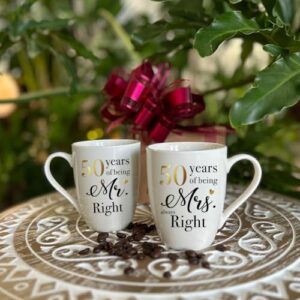 Dnuiyses 2 Pieces 50th Mr Right & Mrs Always Right Mug, 50 Years of Being Mr Mrs Always Right Present with Gold Foil Design Anniversary Wedding Gifts for Friends Parents Grandparents Couple-115