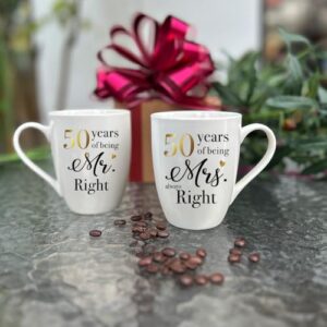 Dnuiyses 2 Pieces 50th Mr Right & Mrs Always Right Mug, 50 Years of Being Mr Mrs Always Right Present with Gold Foil Design Anniversary Wedding Gifts for Friends Parents Grandparents Couple-115