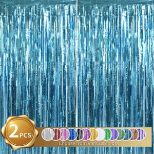 BEISHIDA 2 Pcs Light Blue Door Streamers Tinsel Curtain Party Backdrop Fringe Foil Wall Background for Birthday Halloween Christmas Wedding Boys Babyshower Party Decoration(3.28 ft x 6.56 ft)