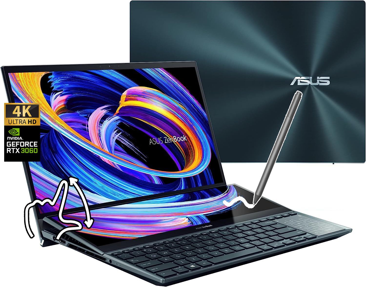 asus ZenBook Pro Duo 15.6'' OLED 4K(3840 x 2160) Touch Laptop, 14-Core i7-12700H, NVIDIA GeForce RTX 3060, 16GB LPDDR5 RAM, 2TB SSD, ScreenPad Plus, Win11, w Stylus (16GB RAM | 2TB PCIe SSD)