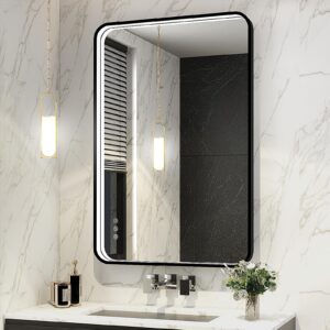 twalsu 24x32 inch led bathroom mirror with lights, black metal framed led mirror for bathroom, 3 colors and stepless dimmable wall mounted lighted bathroom vanity mirror, anti-fog, memory