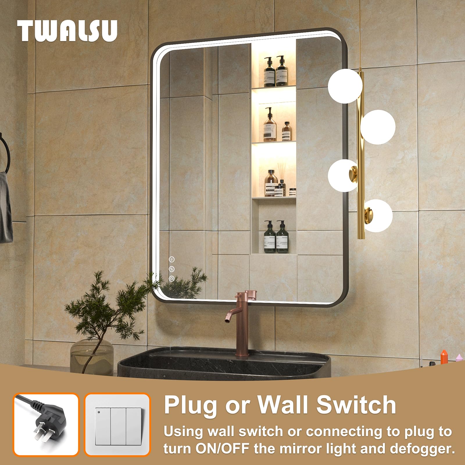 Twalsu 24x32 Inch LED Bathroom Mirror with Lights, Black Metal Framed LED Mirror for Bathroom, 3 Colors and Stepless Dimmable Wall Mounted Lighted Bathroom Vanity Mirror, Anti-Fog, Memory